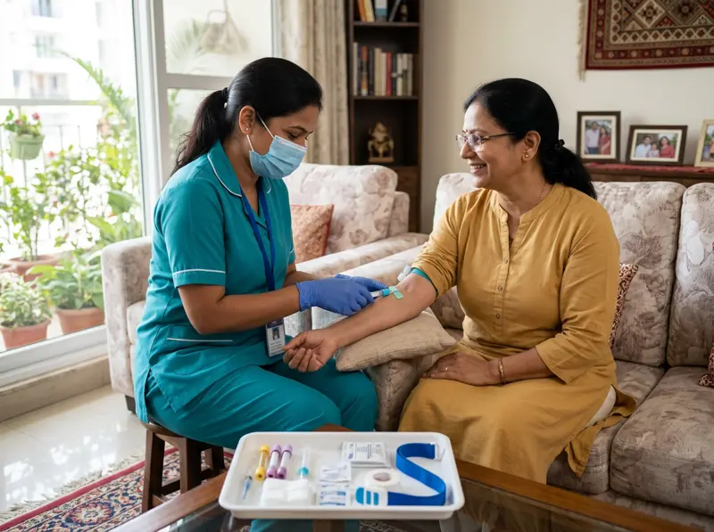Phlebotomist in a teal uniform collecting a blood sample from a patient at home