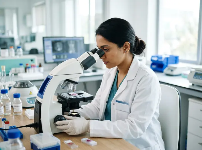 Pathologist examining a slide under a microscope